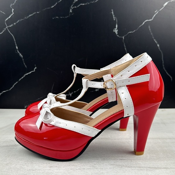 ForeMode Fashion T-Strap Bow Platform Round Toe High Heels Red/White sz 9 - Picture 3 of 11
